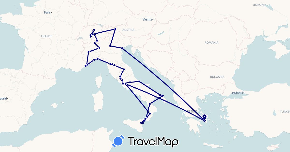 TravelMap itinerary: driving in Austria, Switzerland, France, Greece, Italy, Monaco, Vatican City (Europe)